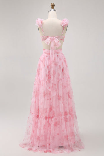 Blush Floral Printed A Line Tulle Long Bridesmaid Dress with Ruffles
